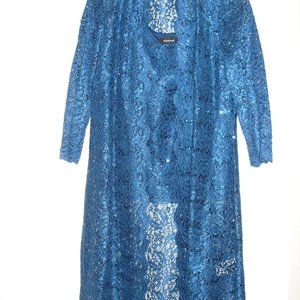 R & M Richards Blue Lace Sequin Top with Long Jacket - Size 10